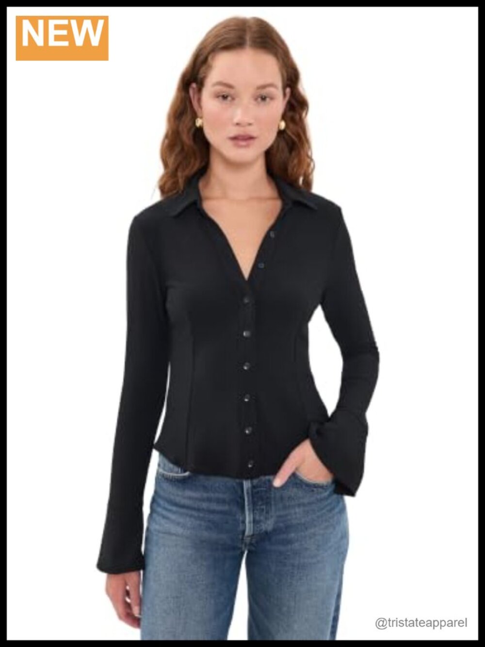 Fitted Nipped Waist Button Down Top with Collared Neck and Seamed Detailing,